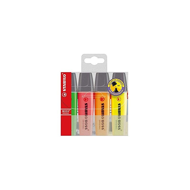 Lot De 4 Surligneurs STABILO BOSS ORIGINAL Rechargeables - Bleu - Pour Bureau Et études
